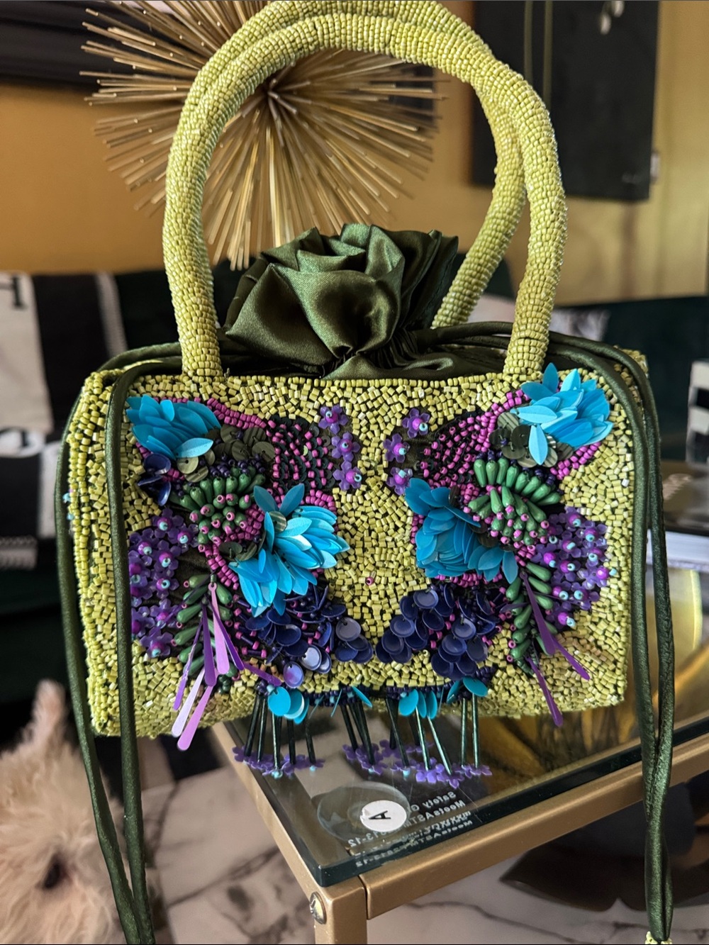 Hand-Beaded Floral Mini Top-Handle Bag - Green
